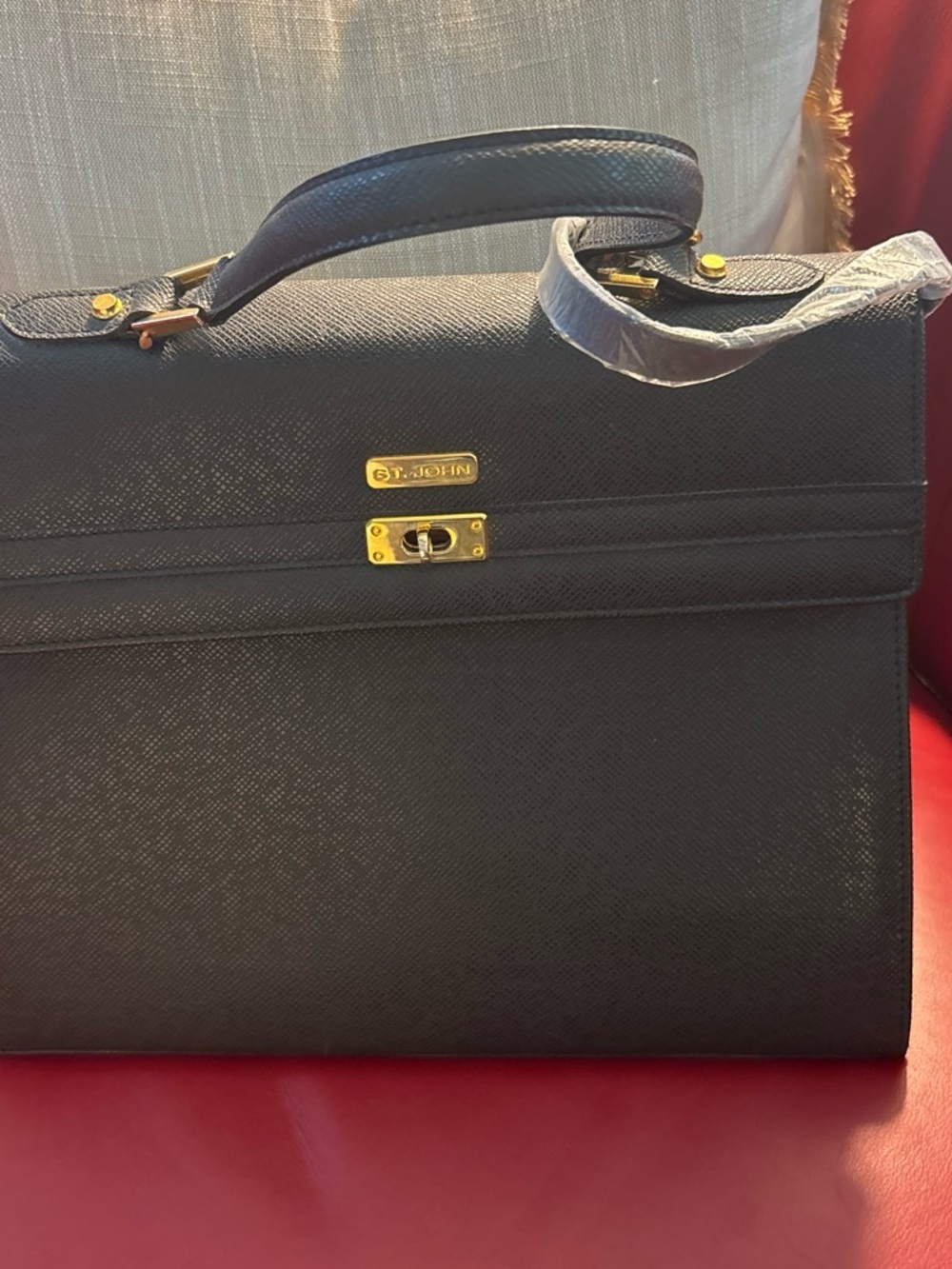St. John Black Leather Men's Briefcase with Gold Hardware